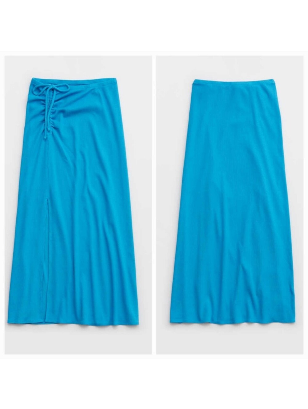 NWT Aerie Womens Beachwalk Midi Skirt Ruched Ribbed Front Slit Blue Size S
